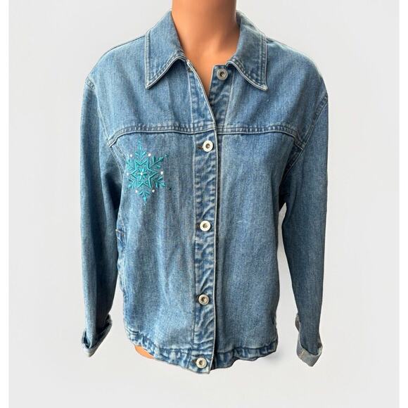 Pulp Womens Embroidered Jean Jacket Size M Snowmen Winter VTG 90s Christmas - Picture 2 of 11